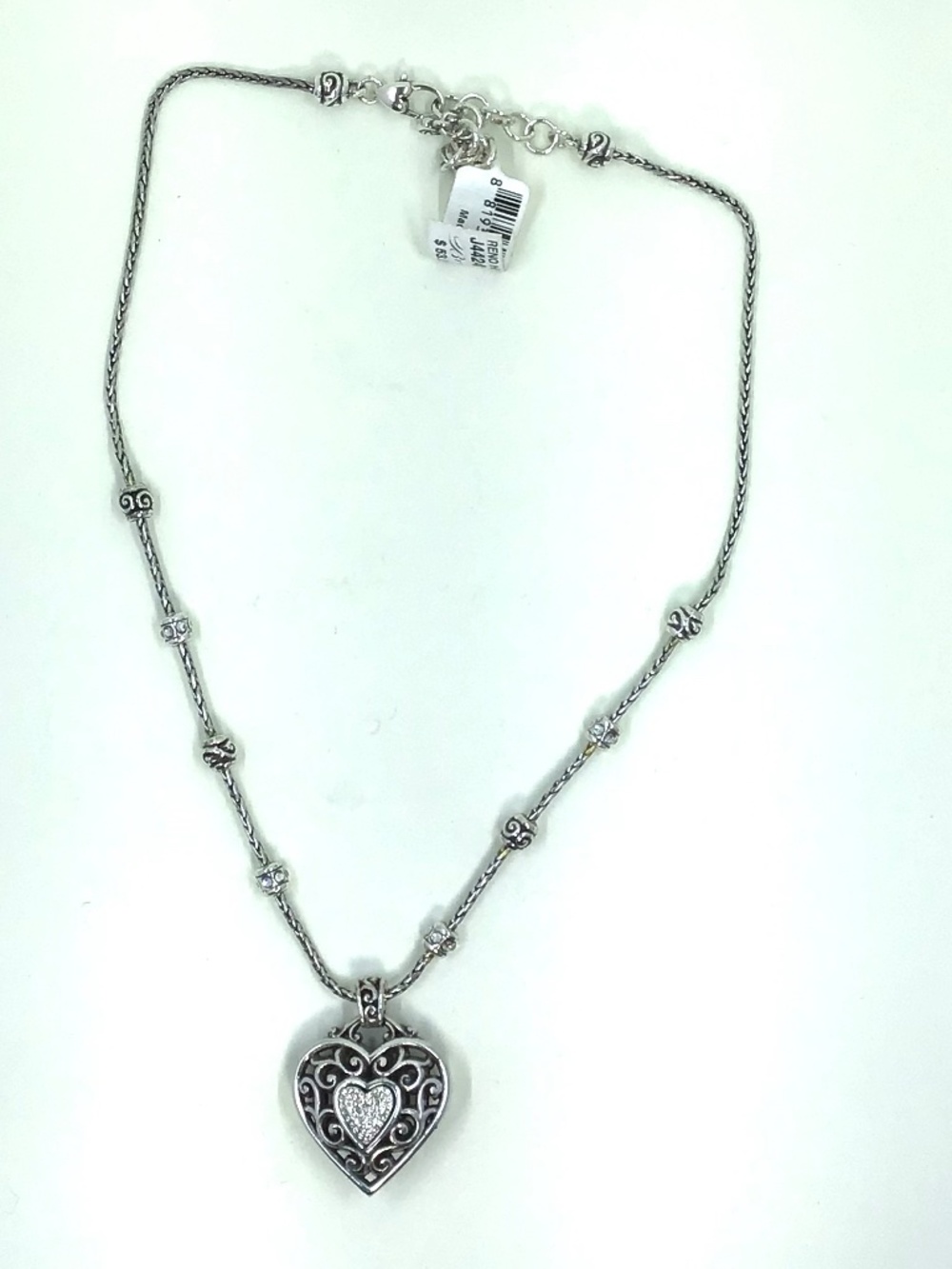 Brighton Large RENO HEART Silver Crystal Puffy Heart Pendant Necklace